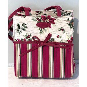Longaberger Holiday Poinsettia Tote Bag Magnetic Handle Snap Closure Bow Accent